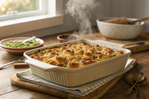 A baking dish of traditional dressing