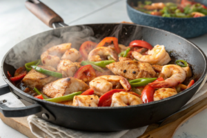 Chicken and shrimp being cooked together