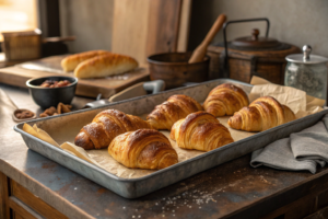 A tray of freshly baked croissants