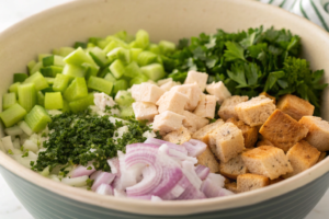 A bowl of chicken dressing ingredients