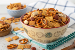 What are 3 components of Chex Mix? - Appetizing bowl