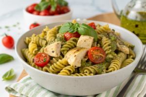 Do pasta and chicken go together? Chicken Pesto Pasta colorful