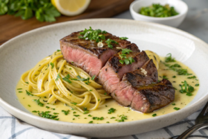 Steak and pasta plate