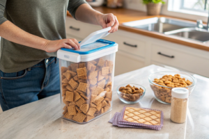 Airtight storage, key to How to make Chex Mix not soggy.