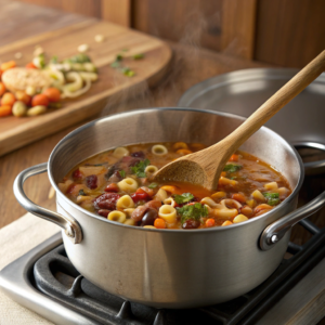 Pasta fagioli soup simmering in a pot