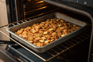 Baking process of How to make Chex Mix not soggy.