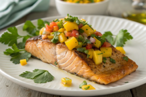 Grilled steelhead trout with mango salsa, garnished with cilantro