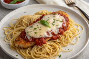 Do pasta and chicken go together? Chicken Parmesan overhead view