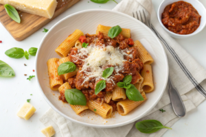 What is a good combination for pasta? Rigatoni Bolognese overhead