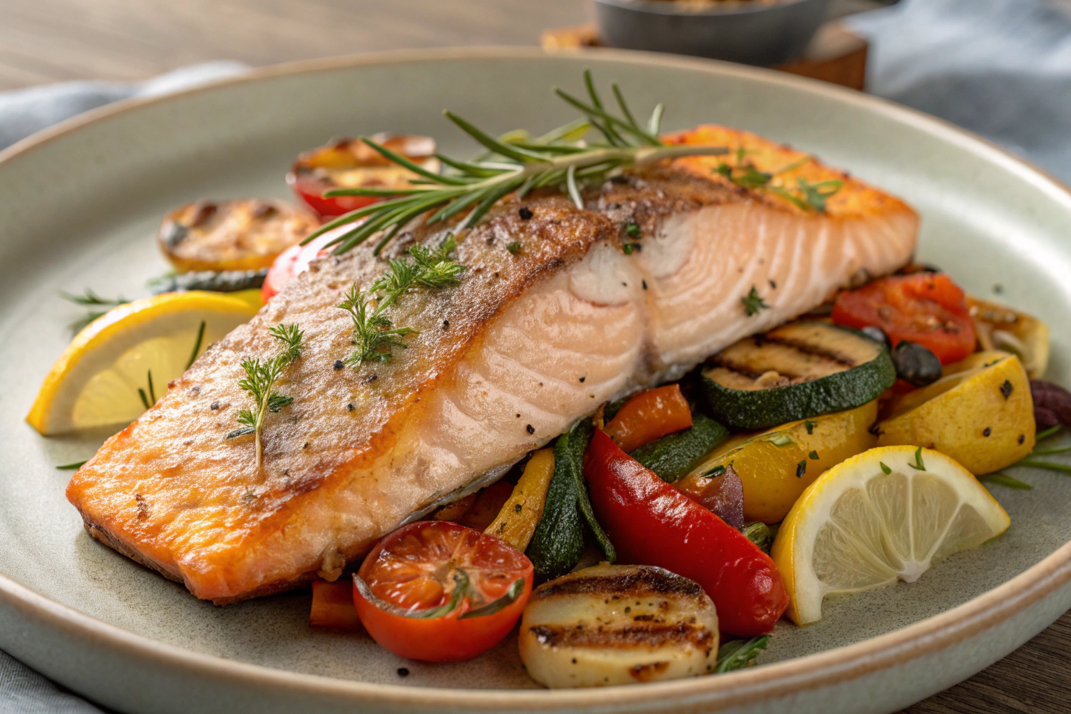 Pan-seared steelhead trout with crispy skin, served with roasted vegetables