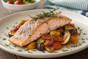 Grilled steelhead trout with mango salsa, garnished with cilantro