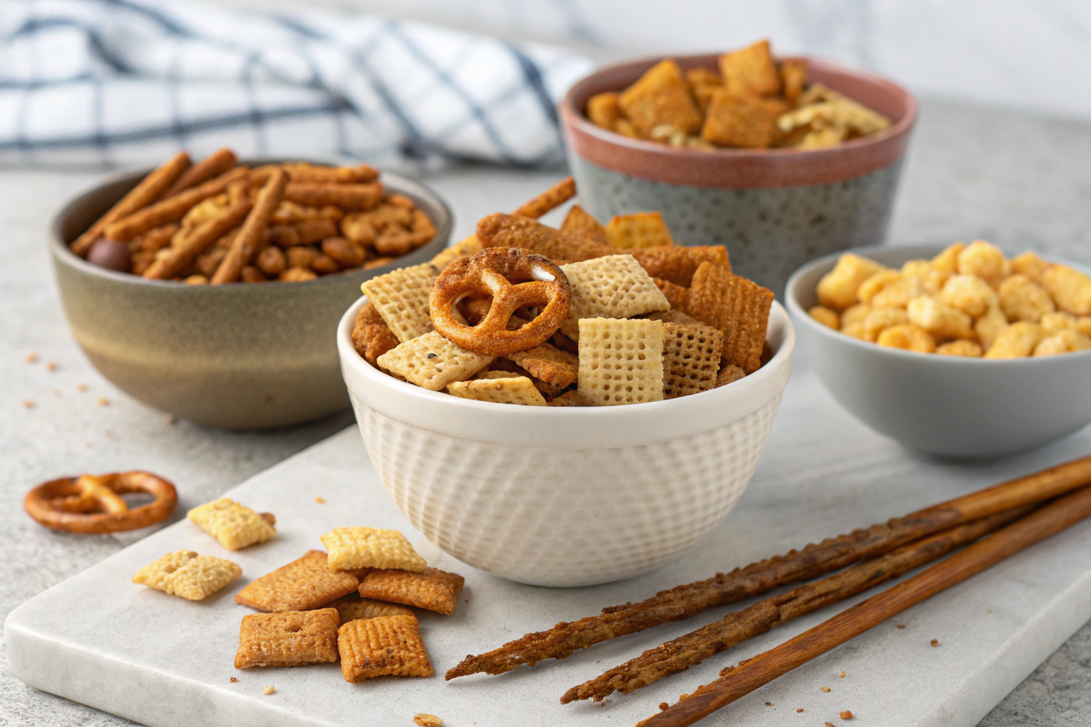 What are 3 components of Chex Mix?